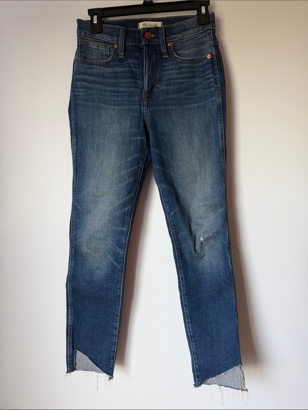 Madewell Distressed Medium Blue Ankle Crop Jeans 10” high rise skinny
